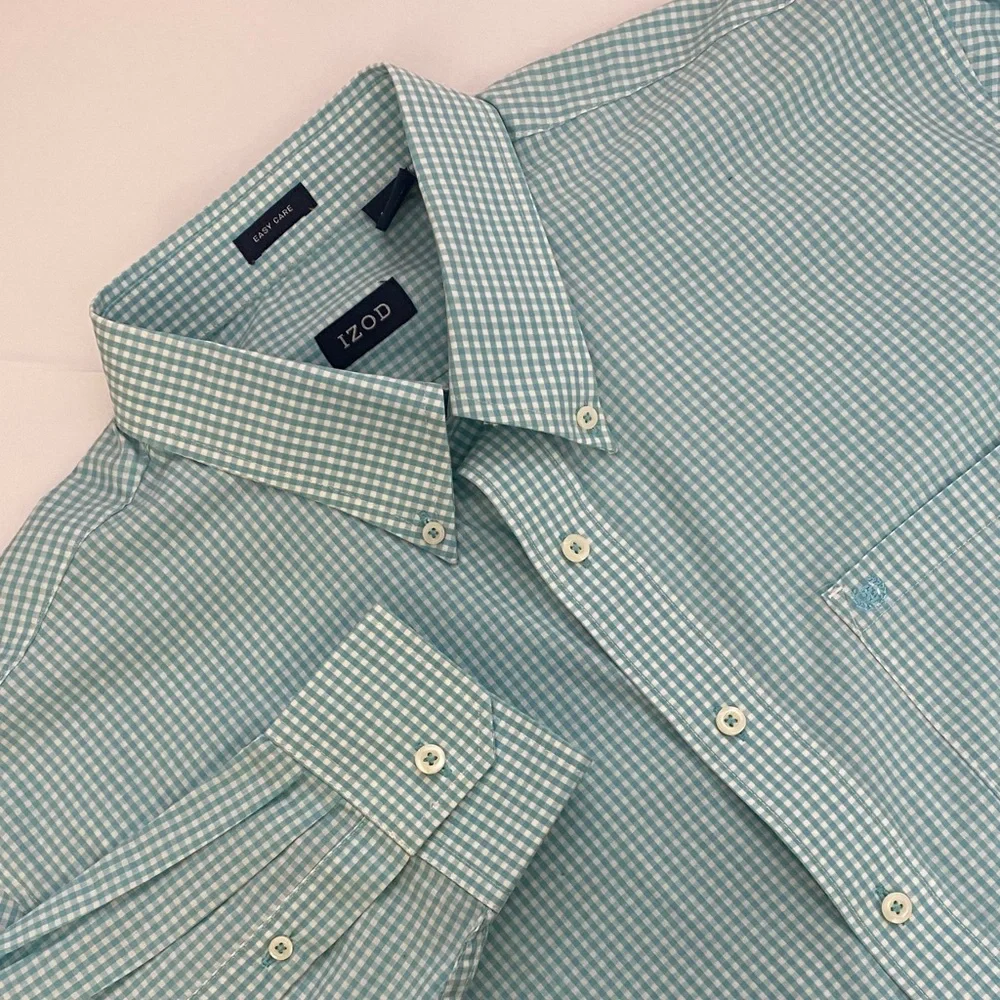 IZOD Men's Easy Care Mint Checkered Button Down Shirt XL - Picture 1 of 7
